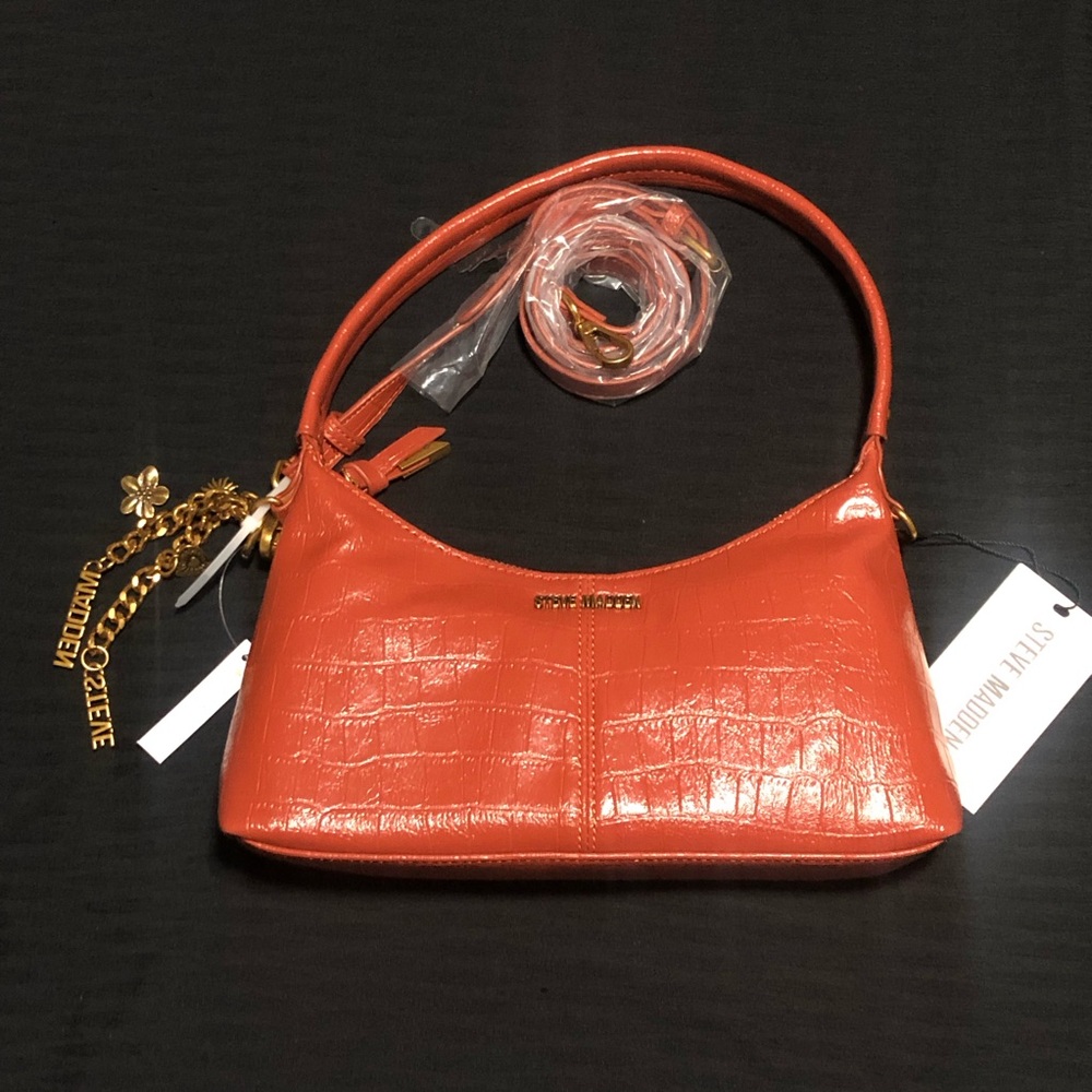 Steve Madden Women's Shoulder Bag, Faux Leather, Gold-Tone Chian & Flower Charm